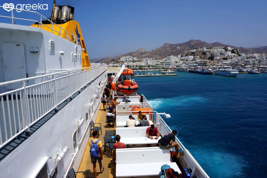 Blue Star Ferries departing from the port of Naxos